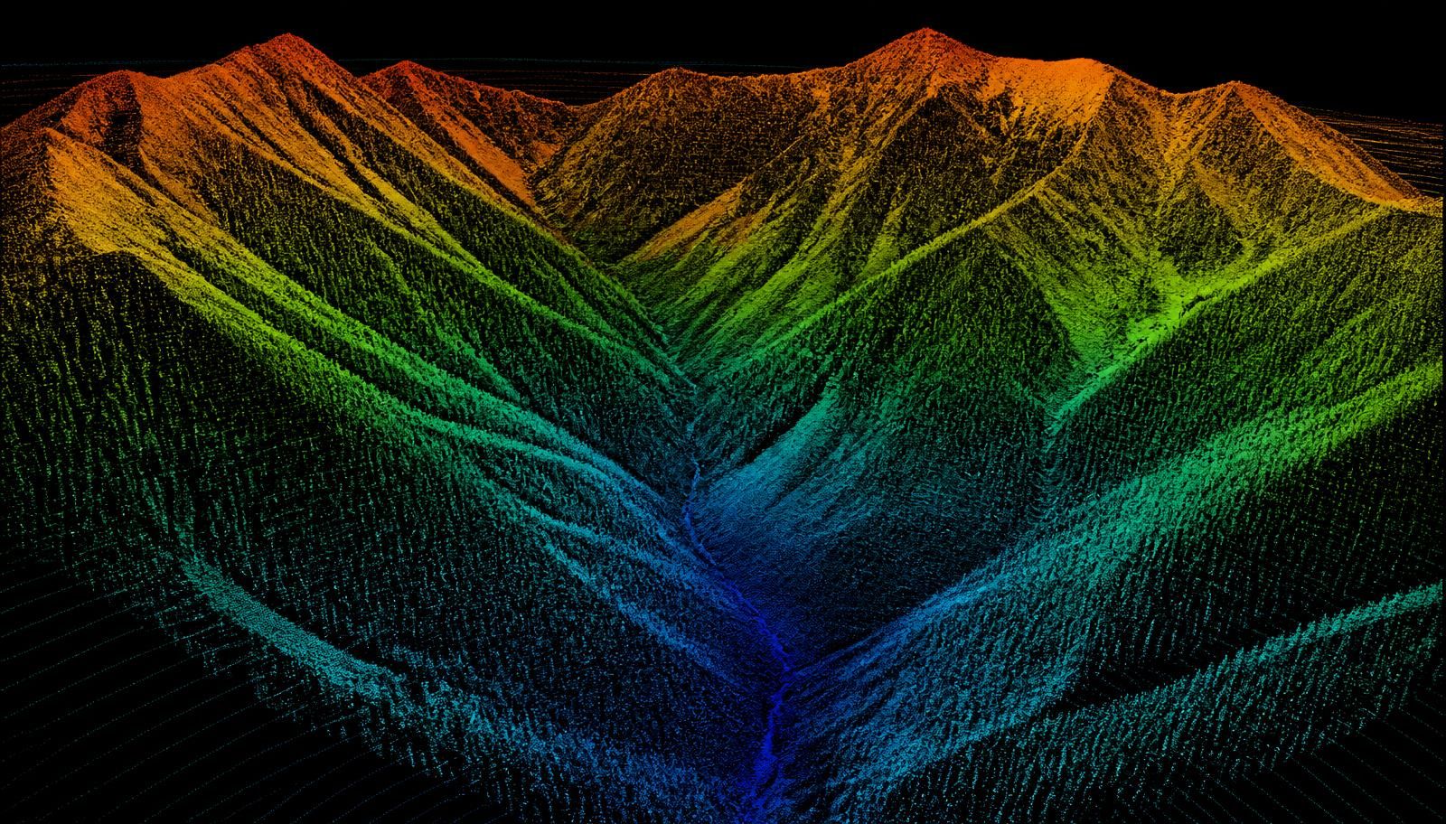 Colorado mountain terrain rendered as a colorized aerial LiDAR point cloud