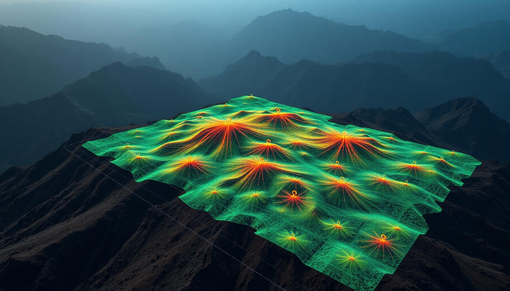 Colorized LiDAR point cloud over mountainous terrain with ground control point targets illustrating accuracy and survey control