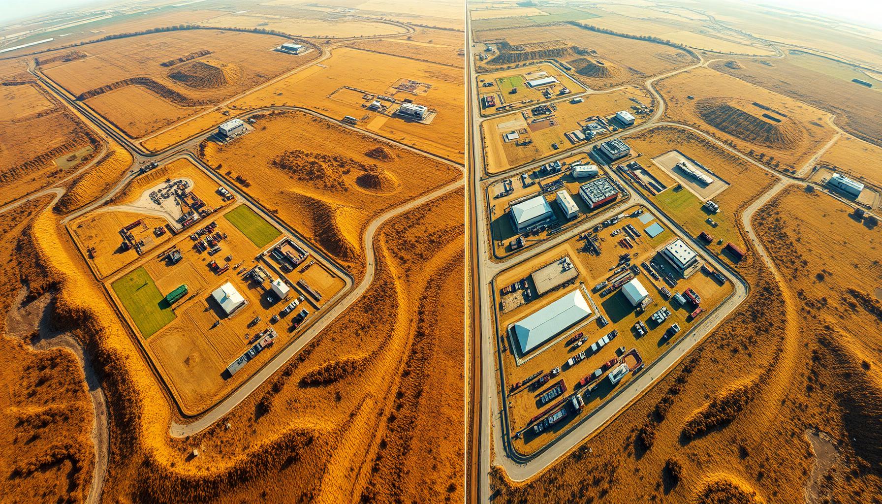 Split-view aerial LiDAR visualization comparing pre-construction terrain with finished as-built construction conditions