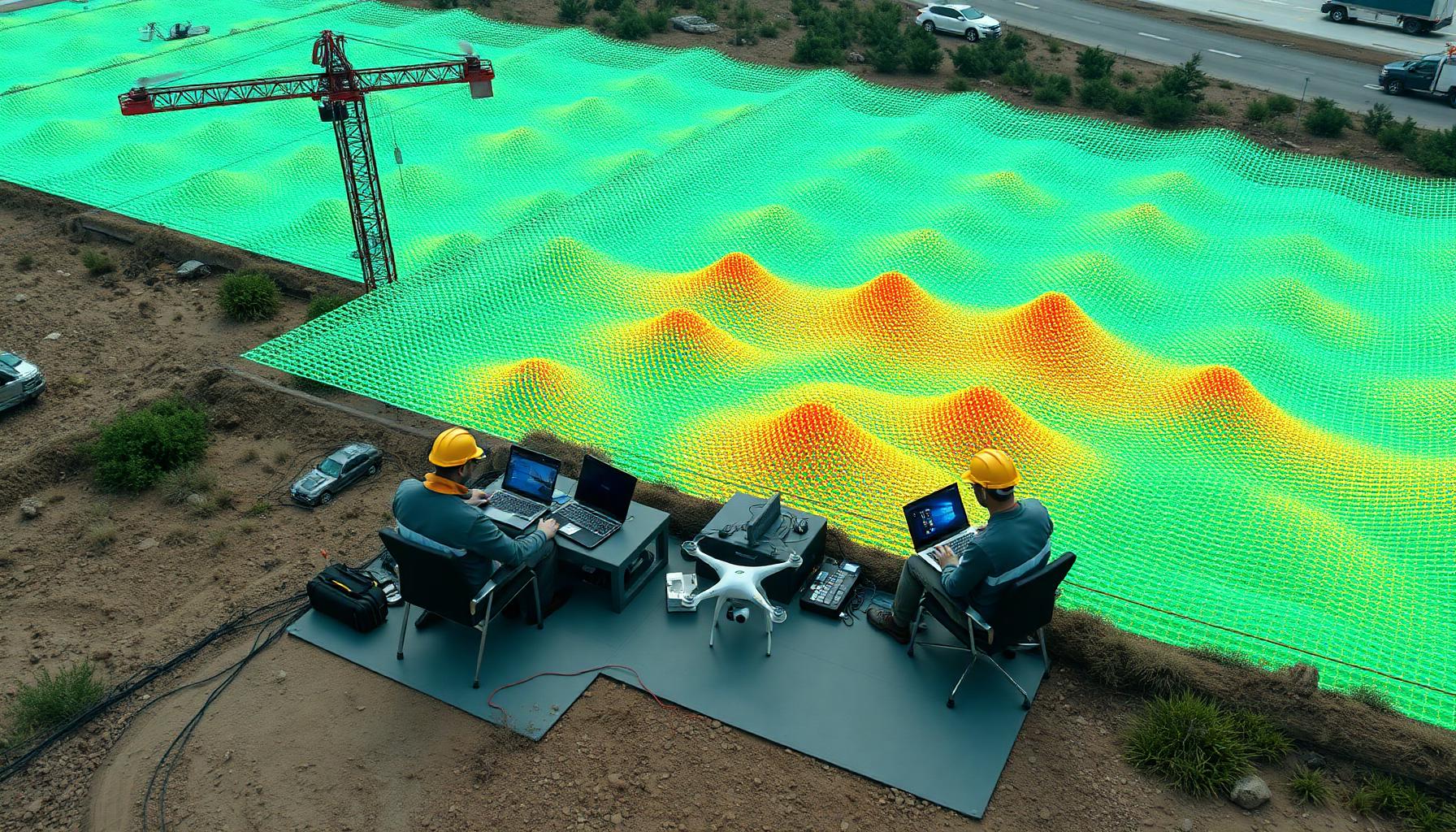 Civil engineering team reviewing LiDAR data at a field office with a drone and point cloud overlay visible on the terrain