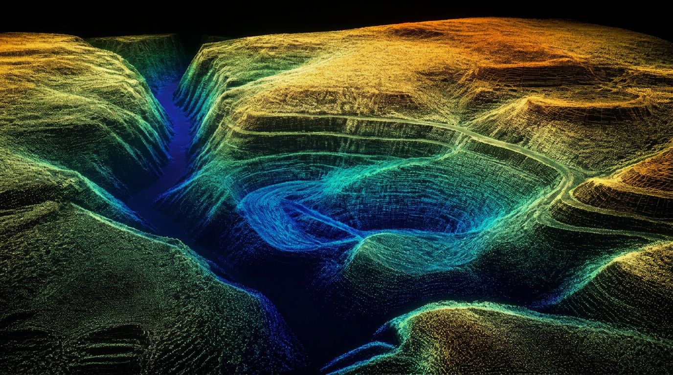 Aerial drone LiDAR point cloud of canyon terrain and an open-pit mine in Utah