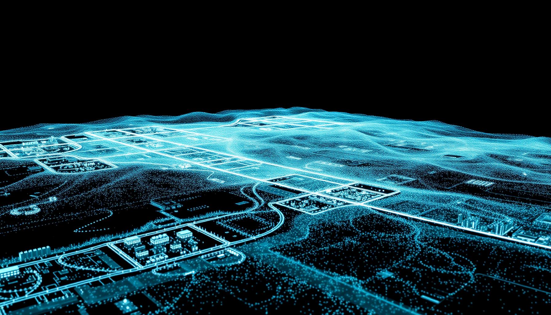 Abstract LiDAR point cloud visualization showing terrain, buildings, roads, and site features in three-dimensional space