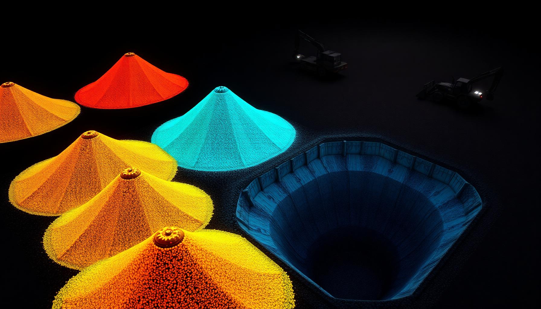 Colorized LiDAR point cloud draped over aggregate stockpiles and an excavation pit, illustrating volume measurement