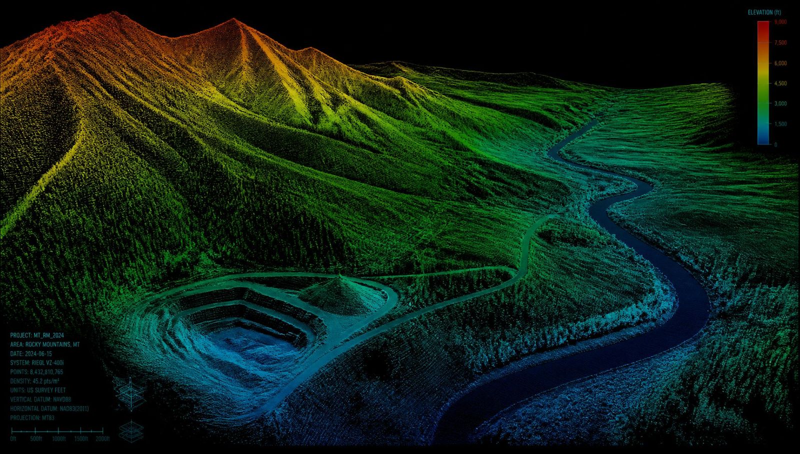 Montana forested Rocky Mountain slopes falling to an open prairie river valley with an aggregate pit and gravel access road, rendered as a colorized aerial LiDAR point cloud